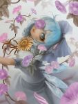  1girl 8mi500 blue_dress blue_eyes blue_hair cirno dress flower hair_ribbon hidden_star_in_four_seasons highres ice ice_wings leaf lips looking_at_viewer one_eye_covered plant puffy_sleeves ribbon short_hair short_sleeves smile solo sunflower tan touhou vines wings 