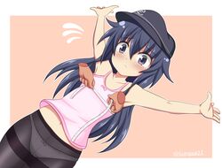  1girl akatsuki_(kantai_collection) black_hair blush bust_measuring camisole commentary_request flat_cap flying_sweatdrops hat highres kantai_collection long_hair measuring messy_hair outstretched_arms panties panties_under_pantyhose pantyhose solo solo_focus tamayan tank_top tape_measure underwear violet_eyes 