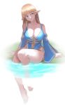  1girl arm_support blonde_hair blue_dress blue_eyes breasts cleavage detached_sleeves dress head_tilt large_breasts oz_(gerbera7) parted_lips pointy_ears sketch soaking_feet solo 