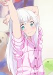  1girl arms_up bangs blurry blurry_background blush bow closed_mouth commentary_request eromanga_sensei green_eyes izumi_sagiri long_hair looking_at_viewer shirt silver_hair solo tukiman00 wavy_mouth 