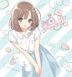  1girl :3 bangs blouse blue_eyes blue_skirt blush brown_hair cinnamoroll collarbone copyright_name cup eyebrows_visible_through_hair hair_ornament hairclip hello_kitty leaning_forward looking_at_viewer open_mouth sanrio saucer short_sleeves skirt smile solo striped striped_background teacup tsukigami_runa white_blouse 