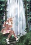  1girl animal_ears breasts brown_hair brown_legwear commentary_request forest fur_collar gradient_hair highres japanese_wolf_(kemono_friends) kemono_friends long_hair looking_at_viewer multicolored_hair nature necktie pleated_skirt sarada_doraivu sitting skirt solo tail thigh-highs water waterfall wolf_ears wolf_tail yellow_eyes 