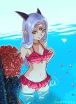  1girl bikini blush dragon_quest dragon_quest_x earrings estella_(dq10) estella_(dragon_quest) eyes_visible_through_hair flower frilled_bikini frills hand_on_own_chest headpiece horns jewelry long_hair looking_at_viewer necklace pink_bikini pointy_ears pool red_rose rose silver_hair smile solo swimsuit ur_(wulfa) wading water yellow_eyes 