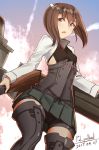  1girl artist_name bow_(weapon) brown_eyes brown_hair crossbow dated headgear kantai_collection long_sleeves muneate open_mouth pallad shirt short_hair solo tagme taihou_(kantai_collection) weapon white_shirt 