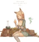  1girl alchemist_(tree_of_savior) animal_ears backpack bag belt bottle breasts brown_hair bunsen_burner cleavage collarbone creature dress echosdoodle fairy flower fox_ears green_dress green_eyes hair_flower hair_ornament head_tilt holding long_hair looking_at_another medium_breasts parted_lips plant potted_plant round-bottom_flask sitting smile test_tube thigh-highs tree_of_savior white_background white_legwear 