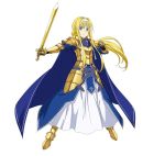  1girl alice_schuberg armor armored_boots armored_dress blonde_hair blue_cape blue_eyes boots cape floating_hair full_body hairband holding holding_sword holding_weapon long_hair looking_at_viewer simple_background solo standing sword sword_art_online very_long_hair weapon white_background white_hairband 