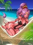  1girl barefoot beach blue_eyes breasts cleavage dragon_quest dragon_quest_x earrings full_body hammock headpiece high_ponytail horns jewelry large_breasts long_hair looking_at_viewer ocean ogre_(dq10) pointy_ears purple_hair red_eyes red_skin solo spikes swimsuit tail tattoo ur_(wulfa) 