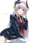  1girl black_serafuku dragon_girl dragon_horns eyebrows_visible_through_hair fate/extra fate/extra_ccc fate/grand_order fate_(series) grey_hair horns kiyohime_(fate/grand_order) long_hair necktie pleated_skirt red_eyes school_uniform serafuku simple_background skirt solo somechime_(sometime1209) thigh-highs white_background white_legwear yellow_eyes 