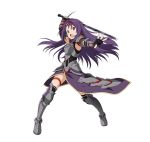  1girl ahoge arm_up armor armored_boots armored_dress armpits black_gloves black_legwear boots breastplate detached_sleeves fingerless_gloves floating_hair full_body gloves hairband holding holding_sword holding_weapon kneehighs long_hair looking_at_viewer open_mouth purple_hair red_eyes red_hairband simple_background solo standing sword sword_art_online thigh_strap very_long_hair weapon white_background yuuki_(sao) 