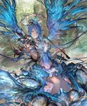  1girl artist_request blue_hair bow_(instrument) bracelet breasts city cleavage cygames dress feathered_wings frown green_eyes halo instrument israfil_(shadowverse) jewelry large_breasts long_hair looking_at_viewer magic_circle official_art ponytail ribbon ring shadowverse shingeki_no_bahamut solo violin wings 