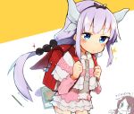  &gt;:d 2girls :d backpack bag blue_eyes blush book capelet commentary_request frown hair_ribbon kanna_kamui kobayashi-san_chi_no_maidragon long_hair multiple_girls open_mouth purple_hair randoseru ribbon rimukoro saikawa_riko smile solo_focus translated twitter_username two-tone_background white_background yellow_background 