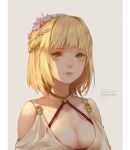  1girl artist_name blonde_hair border braid breasts character_name cleavage closed_mouth collar copyright_name echosdoodle english flower green_eyes hair_flower hair_ornament medium_breasts mole mole_under_eye persephone_(tower_of_saviors) short_hair solo tower_of_saviors upper_body 
