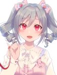  1girl :d blush bow bowtie dress drill_hair eyebrows eyebrows_visible_through_hair eyelashes finger_ribbon frilled_bow frilled_dress frilled_shirt_collar frills grey_hair hair_between_eyes hair_bow heart idolmaster idolmaster_cinderella_girls kanzaki_ranko long_hair long_sleeves looking_at_viewer open_mouth pink_bow pinky_out red_eyes red_ribbon red_string ribbon simple_background smile solo string twin_drills twintails upper_body uso_(ameuzaki) white_background white_bow white_bowtie younger 
