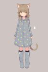  1girl animal_ears arms_at_sides bangs black_legwear blue_boots blunt_bangs blush boots brown_hair buttons cat_ears cat_tail closed_mouth droplet expressionless eyebrows_visible_through_hair full_body highres knee_boots kneehighs legs_together long_hair long_sleeves looking_at_viewer no_pupils original paw_print raincoat rubber_boots shiny shiny_hair shone solo standing tail triangle_print yellow_eyes 