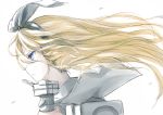  1girl black_ribbon blonde_hair blue_eyes from_side hair_blowing hairband kantai_collection kuronuko_neero long_hair looking_ahead rensouhou-chan ribbon riding_on_shoulder shimakaze_(kantai_collection) simple_background solo upper_body white_background wind 