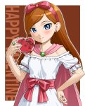  1girl bare_shoulders blue_eyes blush bow cape dragon_quest dragon_quest_x dress earrings hairband hand_on_hip ichikawa_masahiro jewelry long_hair looking_at_viewer orange_hair pink_bow pink_cape ring rizerotta_(dq10) sash smile solo upper_body valentine white_dress 