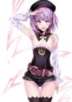  &gt;:d 1girl :d armpits bare_shoulders belt black_legwear cowboy_shot detached_collar detached_sleeves eyebrows_visible_through_hair fate/grand_order fate_(series) flat_chest gluteal_fold hat helena_blavatsky_(fate/grand_order) looking_at_viewer microskirt open_mouth purple_hair salute short_hair simple_background skirt smile solo thigh-highs thigh_gap tree_of_life ulrich_(tagaragakuin) violet_eyes white_background 