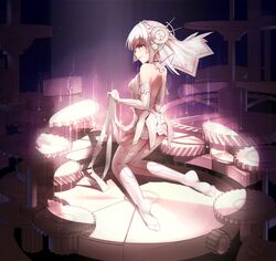  1girl absurdres aoi_kao_(lsz7106) ass bare_shoulders clockwork_planet dress elbow_gloves full_body gears gloves hair_ornament highres kneeling medium_hair ryuzu_(clockwork_planet) silver_hair solo thigh-highs violet_eyes white_dress white_gloves white_legwear 