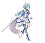  1girl animal_ears asuna_(sao-alo) blue_eyes blue_hair breasts detached_sleeves dress fake_animal_ears floating_hair fox_ears fox_tail full_body hairband high_heels holding holding_sword holding_weapon long_hair looking_at_viewer medium_breasts one_leg_raised pointy_ears simple_background sleeveless sleeveless_dress smile solo standing strapless strapless_dress sword sword_art_online tail very_long_hair weapon white_background white_dress white_hairband 