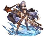  1girl belt belt_pouch braid breasts brown_eyes cleavage detached_sleeves granblue_fantasy gun holding holding_weapon huge_weapon knife large_breasts long_coat long_hair looking_at_viewer midriff minaba_hideo navel official_art rifle silva_(granblue_fantasy) silver_hair skirt solo thigh-highs transparent_background very_long_hair weapon wide_sleeves 