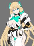  1girl alternate_costume angela_balzac blonde_hair blue_eyes breasts cleavage cleavage_cutout covered_navel grey_background hand_on_hip headgear large_breasts leotard long_hair low_twintails oz_(gerbera7) rakuen_tsuihou simple_background sketch smile solo thigh-highs twintails very_long_hair white_legwear 