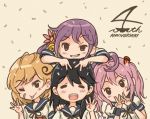  4girls :p akebono_(kantai_collection) anniversary bandaid bandaid_on_face beige_background bell black_hair closed_eyes comic commentary_request crab double_v flower grin hair_bell hair_bobbles hair_flower hair_ornament hand_on_another&#039;s_shoulder hand_up hands_on_another&#039;s_head jingle_bell kantai_collection light_brown_hair long_hair looking_at_viewer multiple_girls neck_ribbon oboro_(kantai_collection) one_eye_closed open_mouth otoufu pink_hair purple_hair rabbit ribbon sazanami_(kantai_collection) school_uniform serafuku short_hair short_sleeves side_ponytail sidelocks smile tongue tongue_out twintails ushio_(kantai_collection) v very_long_hair violet_eyes wristband 