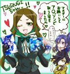  3girls :d black_gloves black_hair black_lipstick blue_hair blush breasts brown_hair chibi cleavage crossed_arms elbow_gloves eyeshadow gloves green_border green_eyes green_hair hair_between_eyes hair_over_one_eye heart highres kazanari_tsubasa kiraki leiur_darahim leotard lipstick long_hair makeup maria_cadenzavna_eve medium_breasts multicolored_hair multiple_girls one_eye_closed open_mouth phara_suyuf senki_zesshou_symphogear short_hair side_ponytail smile sword translation_request two-tone_hair violet_eyes weapon yellow_eyes 