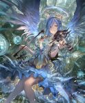  1girl artist_request blue_hair bow_(instrument) bracelet breasts city cleavage cygames dress feathered_wings frown green_eyes halo instrument israfil_(shadowverse) jewelry large_breasts long_hair looking_at_viewer official_art ponytail ribbon ring shadowverse shingeki_no_bahamut solo violin water wings 