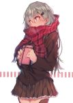  1girl blush box breath brown_jacket brown_skirt buttons commentary_request gift gift_box green_hair highres kantai_collection long_hair long_sleeves red_scarf scarf school_uniform skirt solo soukou_makura suzuya_(kantai_collection) sweat white_background yellow_eyes 