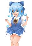  1girl :d blue_eyes blue_hair blush bow breasts cirno dress fang flower hair_bow hair_ribbon hidden_star_in_four_seasons highres ice ice_wings itusin3 looking_at_viewer medium_breasts open_mouth ribbon short_dress short_hair smile solo sunflower tan thick_thighs thighs touhou wings 
