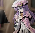  1girl bangs blurry bow bowtie capelet crescent depth_of_field dress hair_bow hat instrument kamishima_kanon long_hair long_sleeves mob_cap music pajamas parted_bangs patchouli_knowledge playing_instrument purple_hair red_bow ringed_eyes saxophone sidelocks solo sweat touhou turn_pale upper_body white_dress yellow_bow yellow_bowtie 