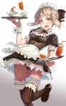  &gt;:o :o apron black_legwear black_panties blonde_hair blush bow breasts cleavage commentary_request cup detached_collar fang fate/stay_night fate_(series) food gluteal_fold gradient gradient_background hair_bow highres leg_garter maid maid_headdress mary_janes open_mouth pancake panties pantyshot pantyshot_(sitting) puffy_short_sleeves puffy_sleeves saber saber_alter shoes short_hair short_sleeves simple_background sitting small_breasts spilling sweatdrop teacup thigh-highs tray underwear upskirt waist_apron wrist_cuffs yellow_eyes yobimachine 