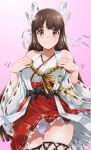  bare_shoulders blush brown_eyes brown_hair closed_mouth cosplay detached_sleeves gradient gradient_background hair_ribbon hakama hands_on_own_chest haruna_(kantai_collection) haruna_(kantai_collection)_(cosplay) hiyou_(kantai_collection) japanese_clothes kantai_collection long_hair looking_at_viewer makumaxu nontraditional_miko panties red_hakama ribbon ribbon-trimmed_sleeves ribbon_trim thigh-highs thighs underwear upper_body white_panties wide_sleeves 