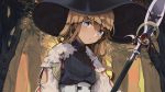  1girl belt black_hat blonde_hair blue_eyes commentary_request expressionless forest hat highres kirisame_marisa long_hair looking_at_viewer nature outdoors polearm solo spear takushiima touhou tree upper_body wavy_hair weapon witch_hat 