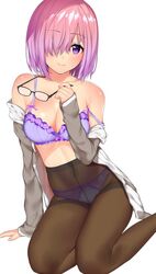  arm_support bare_shoulders black-framed_eyewear bra breasts brown_legwear cleavage crotch_seam eyebrows_visible_through_hair fate/grand_order fate_(series) glasses glasses_removed hair_over_one_eye looking_at_viewer matarou_(genkai_toppa) medium_breasts off_shoulder panties panties_under_pantyhose pantyhose pink_eyes pink_hair purple_bra purple_panties shielder_(fate/grand_order) shirt short_hair simple_background sitting sleeveless sleeveless_shirt smile strap_slip thighband_pantyhose underwear white_background yokozuwari 