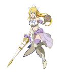  1girl armor armored_boots blonde_hair boots bow breasts detached_sleeves floating_hair full_body green_eyes hair_between_eyes hair_ribbon holding holding_weapon lance leafa long_hair looking_at_viewer medium_breasts midriff navel one_leg_raised open_mouth pointy_ears polearm ponytail purple_bow purple_legwear ribbon see-through shield simple_background solo standing stomach strapless sword_art_online thigh-highs very_long_hair weapon white_background white_ribbon 