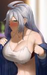  1girl ahoge bare_shoulders blush breasts cleavage closed_mouth collarbone from_side granblue_fantasy highres indoors large_breasts long_hair long_sleeves looking_at_viewer looking_to_the_side mu-nyako navel nose_blush silva_(granblue_fantasy) silver_hair solo stomach sweat undressing upper_body white_bikini_top yellow_eyes 