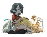  2girls animal_ears bare_shoulders black_hair blonde_hair commentary_request dress elbow_gloves gloves hair_brush hair_brushing hat hat_feather hat_removed headwear_removed kaban_(kemono_friends) kemono_friends lap_pillow lying lying_on_person multiple_girls murakami_hisashi on_stomach open_mouth pantyhose seiza serval_(kemono_friends) serval_ears serval_print serval_tail shirt short_hair simple_background sitting sleeveless t-shirt tail tree_shade white_background 