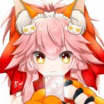  1girl :3 animal_ears bell bell_collar cellphone collar fate/grand_order fate_(series) fox_ears hair_ribbon long_hair lytlennier musical_note paws phone pink_hair ribbon simple_background smartphone solo tamamo_(fate)_(all) tamamo_cat_(fate) white_background yellow_eyes 