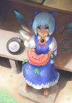  (doragon)_akitsuki 1girl barefoot blue_dress blue_eyes blue_hair blush cirno dish dress eating flower food food_on_face from_above fruit full_body hair_ribbon hidden_star_in_four_seasons highres ice ice_wings leaf looking_at_viewer looking_up plant puffy_sleeves ribbon short_hair short_sleeves sitting smile solo sunflower tan touhou tray vines watermelon wings 