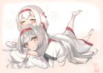  2girls ^_^ artist_name chibi closed_eyes commentary_request dress dual_persona full_body hakama_skirt headband japanese_clothes kantai_collection long_hair looking_at_viewer multiple_girls orange_eyes sensen shoukaku_(kantai_collection) signature silver_hair smile younger 