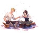  2boys backpack bag black_hair blonde_hair blue_eyes boots bowl cherry_blossoms chopsticks closed_eyes collarbone cup double-breasted drinking_glass eating granblue_fantasy lancelot_(granblue_fantasy) minaba_hideo multiple_boys obentou official_art pectorals petals picnic picnic_basket vane_(granblue_fantasy) 