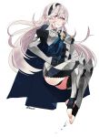  1girl armor ass barefoot corrin female_my_unit_(fire_emblem_if) fingerless_gloves fire_emblem fire_emblem_if gloves hair_ornament long_hair looking_at_viewer my_unit_(fire_emblem_if) red_eyes silver_hair simple_background smile solo solo_focus sparkling_eyes white_background 