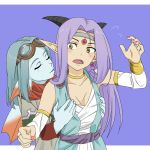  2girls bare_shoulders blue_hair blue_skin blush breast_grab breasts bridal_gauntlets character_request cleavage closed_eyes dragon_quest dragon_quest_x dress earrings estella_(dq10) flying_sweatdrops goggles goggles_on_head grabbing groping headpiece horns incipient_kiss jewelry long_hair medium_breasts multiple_girls nail_polish necklace open_mouth pink_nails pointy_ears purple_hair yellow_eyes yokkest yuri 