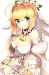  1girl absurdres ahoge bare_shoulders blonde_hair bodysuit breasts bridal_veil detached_sleeves fate/extra fate_(series) green_eyes hand_on_own_chest highres large_breasts leotard lock looking_at_viewer ranf saber_bride saber_extra veil white_bodysuit 