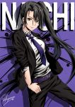  1girl artist_name belt black_hair black_jacket black_pants character_name collared_shirt dress_shirt formal grey_eyes grin hand_on_thigh jacket kantai_collection long_hair looking_at_viewer nachi_(kantai_collection) necktie office_lady open pant_suit pants purple_background purple_belt purple_necktie purple_tie sakiyamama shirt side_ponytail signature smile solo suit very_long_hair white_shirt 