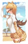  1girl :| absurdres animal_ears animal_print arm_at_side between_breasts blonde_hair blue_sky blush border breasts brown_hair cheetah_(kemono_friends) cheetah_ears cheetah_tail closed_mouth clouds collar collared_shirt colored_eyelashes commentary cowboy_shot day expressionless eyebrows_visible_through_hair eyelashes from_side gloves gradient_hair gradient_sky hand_on_own_forehead highres kemono_friends large_breasts light_brown_eyes long_hair looking_afar looking_away mountain multicolored multicolored_eyes multicolored_hair necktie necktie_between_breasts neko7 outdoors outside_border pleated_skirt print_legwear profile savannah shirt sidelocks skindentation skirt sky solo tail thigh-highs tree tsurime two-tone_hair white_border white_shirt wing_collar yellow_eyes zettai_ryouiki 