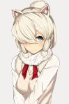  1girl alpaca_ears alpaca_suri_(kemono_friends) animal_ears blue_eyes blush breasts fur_collar hair_over_one_eye highres kemono_friends long_sleeves looking_at_viewer medium_breasts red_ribbon ribbon simple_background smile solo sweater_vest upper_body white_background white_hair 