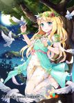  1girl barefoot bird blonde_hair blue_eyes bow bracelet character_request dove eyebrows_visible_through_hair feathers floating head_wreath jewelry long_hair looking_at_viewer moon necklace night pink_bow pink_ribbon qurare_magic_library ribbon shoonear smile solo tree 