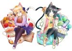  2girls animal_ears ankle_boots black_hair black_legwear blonde_hair blue_eyes blue_skirt book book_hug boots candy cardigan cat_ears cat_tail cellphone checkerboard_cookie cookie cross-laced_footwear cup cupcake daisy flower food green_eyes hair_ornament hair_ribbon head_tilt heart_tail_duo hexagram highres holding holding_book jelly_bean jewelry light_smile long_hair macaron mary_janes multiple_girls necklace open_book original pantyhose paw_pose petals phone red_rose ribbon rose rose_petals routo_(rot_0) shoes short_hair simple_background skirt sleeves_past_wrists smartphone star star_hair_ornament tail tail_ribbon teacup thigh-highs white_background yellow_hoodie 